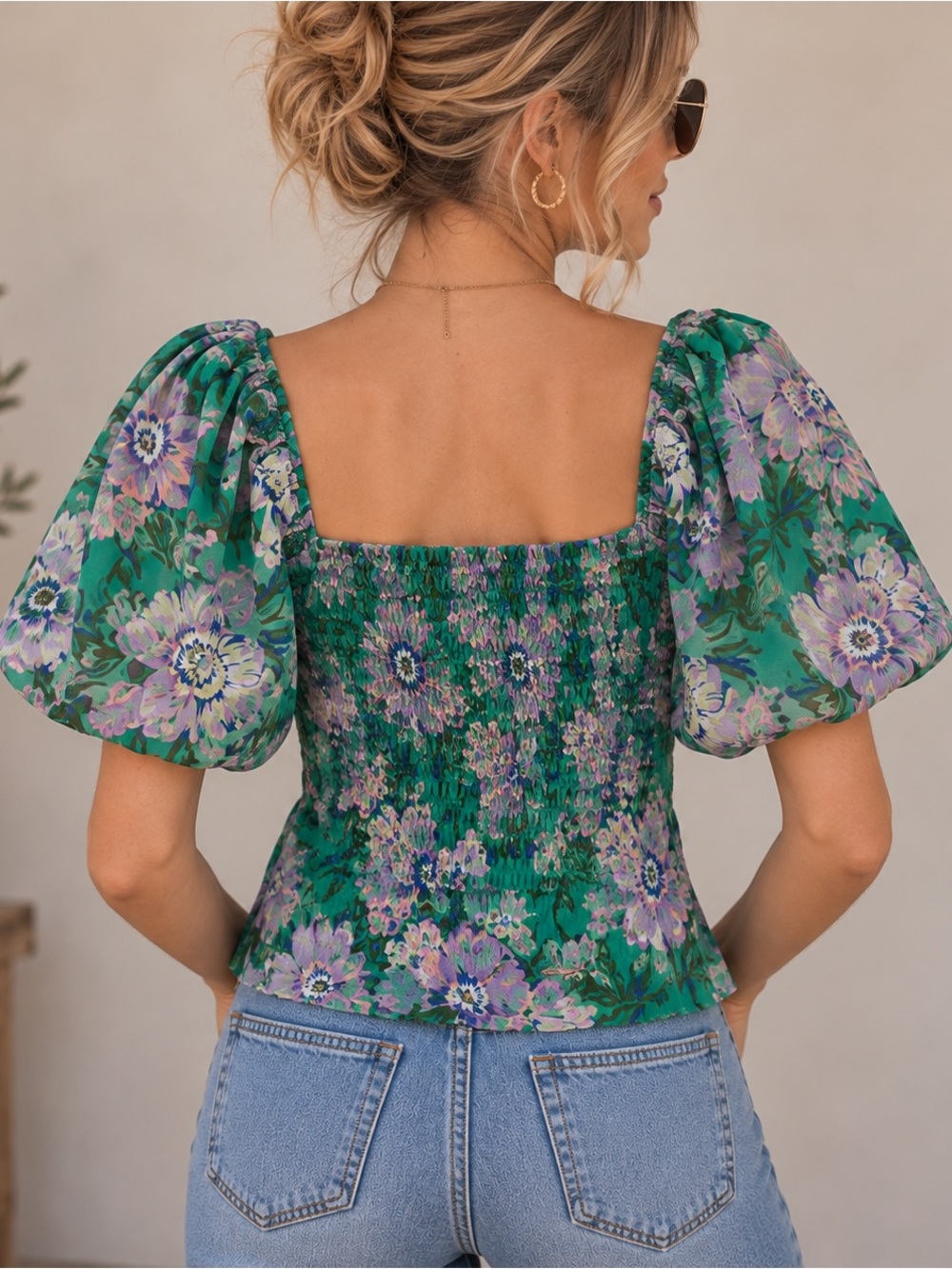 NWOT Floral Chiffon Puff Sleeve Wrap Top - Picture 2 of 7